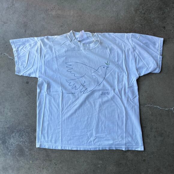 VINTAGE PABLO PICASSO DOVE OF PEACE BIRD ART TEE WHITE SHIRT MENS L SUCCESSION - Picture 1 of 5